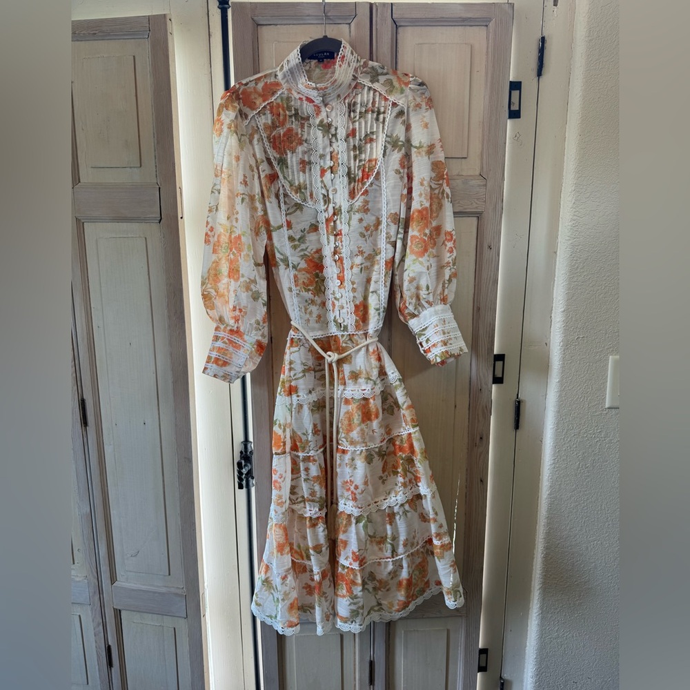 Beulah Floral Button-Front Dress in Cream, Orange & Green